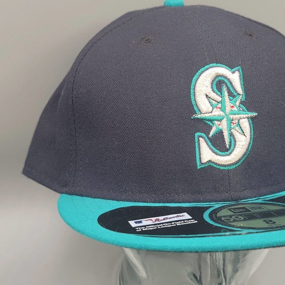 Seattle Mariners Navy Green Fitted Hat MLB New Era 59Fifty Cap Size 8 NE TECH - Picture 2 of 13